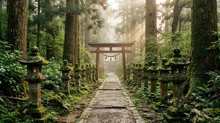 Fototapeta premium Stone path through ancient forest leading to a torii gate with tranquil