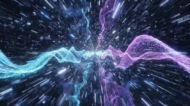 Abstract background featuring glowing blue and purple energy waves traveling through a dark hyperspace tunnel.