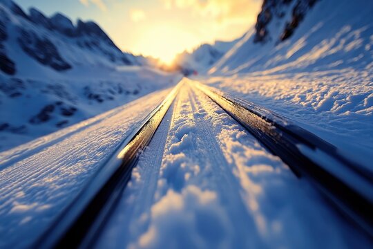 Ski jump in a mountain range at sunset showcasing realistic snow-covered tracks stretching into the distance
