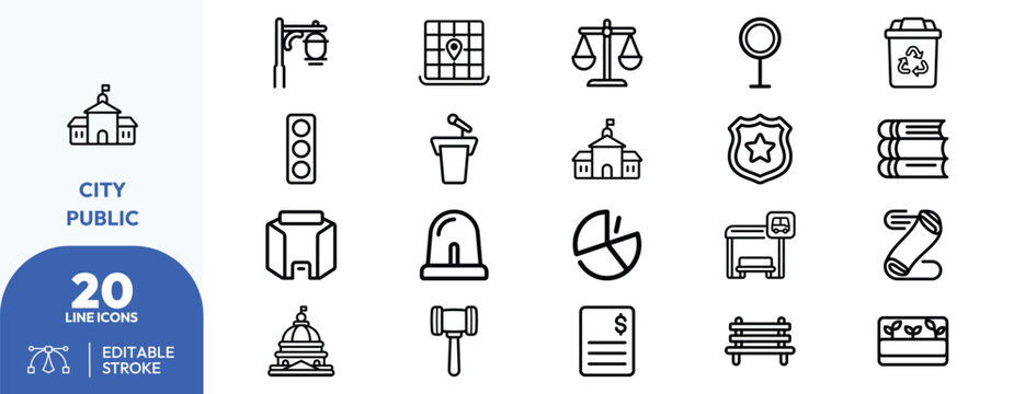 Municipal services set. courthouse, police, traffic light, justice scales, recycling, public bench, streetlamp, library, gavel, fire hydrant, map. Editable stroke. Vector illustration.