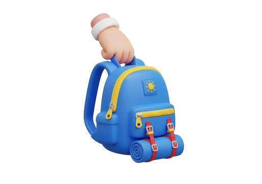 3d icon of 3d cartoon hand holding a blue backpack with a rolled sleeping bag, isolated on transparent background