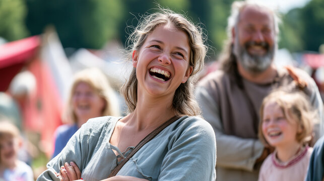 Happy Young Woman Enjoying A Day At The Battle of Hastings Reenactment Festival Surrounded By Her Joyful Family And Friends