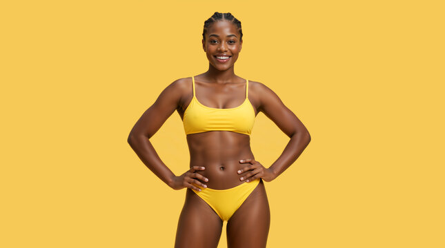Smiling young Black woman posing in yellow bikini. Confident female model with hands on hips on yellow background. Summer swimwear fashion concept