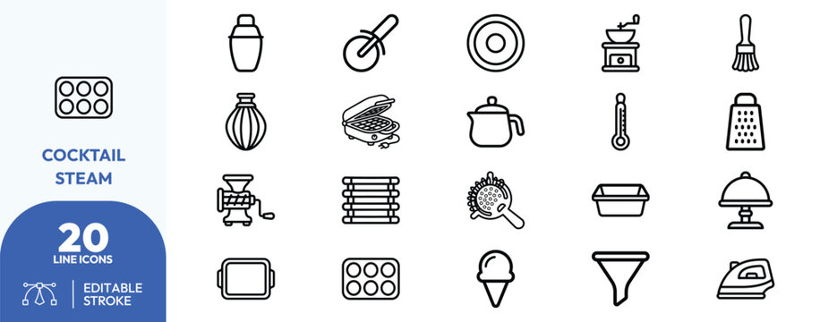 Mixology Tools set. Cocktail shaker, strainer, grater, muddler, jigger, whisk, ice scoop, teapot, ladle, coffee dripper, funnel, mortar. Editable stroke. Vector illustration.