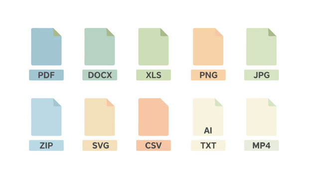 Flat vector illustration of various digital document file format icons arranged in two rows over a white background.