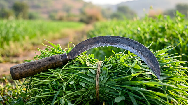 Curved Iron Sickle Tool and Fresh Green Grass Fodder Bundle under Natural Daylight