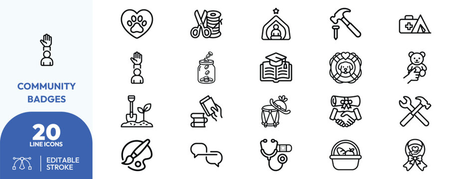 Community service set. volunteer, badge, pet, aid, safety, hand, heart, scissors, church, hammer, aid, shovel, jar, book, wreath, teddy, handshake, wrench. Editable stroke. Vector illustration.