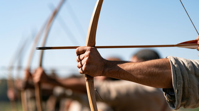 Close up of medieval archers hands during a Battle of Hastings Reenactment showing historical wooden bows and arrows