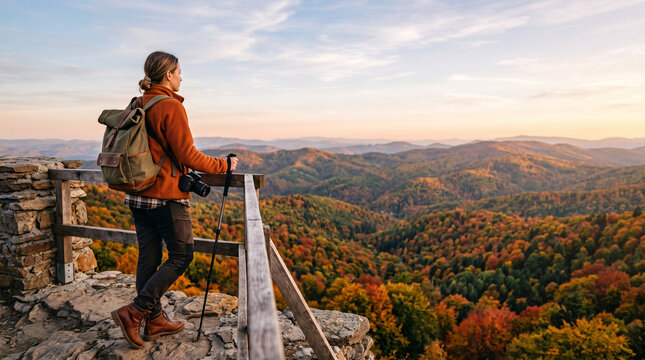 Hiker with a backpack and trekking poles standing on a stone observation deck looking at a ad social media download thambnail poster web template event festival 2026 2027 2028