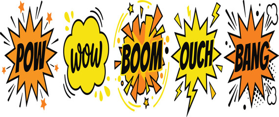 Comic Book Sound Effects Vector Set with Pow, Wow, Boom, Ouch, and Bang Onomatopoeia Speech Bubbles and Retro Pop Art Explosions © Ismail
