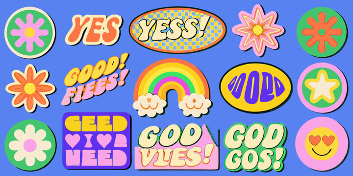 Retro style sticker collection with floral shapes and positive affirmations