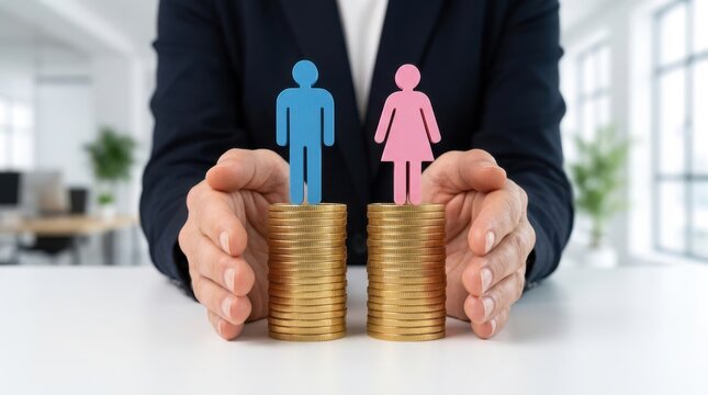 Business person protecting money stacks with figurines. Gender pay gap and financial equality.