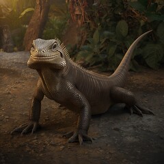 Fototapeta premium Realistic 3D render of an iguana in tropical forest with dramatic golden sunlight