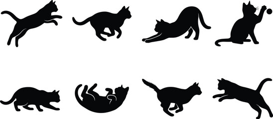 Obraz premium Black Cat Silhouettes in Various Dynamic Poses for Pet, Animal, and Creative Design Projects