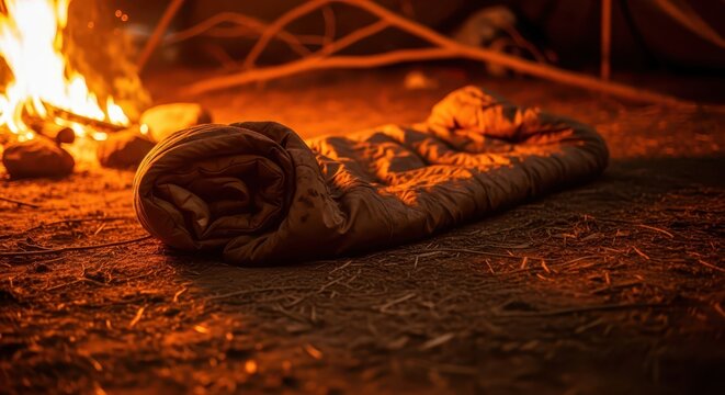 Warm Sleeping Bag Next to a Crackling Campfire at Night, Providing Cozy Outdoor Adventure Shelter