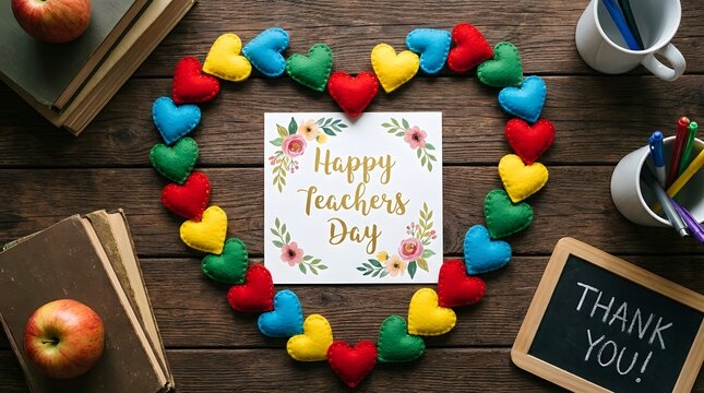 Happy teachers day greeting card surrounded by colorful hearts on a rustic wooden table background