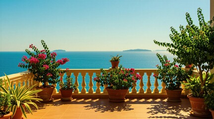Obraz premium Potted bougainvillea plants sit on stone terrace overlooking calm blue ocean under clear sky. Sunny summer balcony features balustrade railing with Mediterranean sea view. Exterior architecture shows
