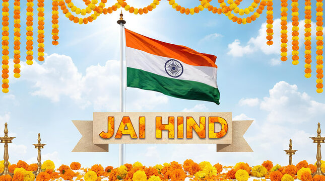 Indian flag with marigold garlands and Jai Hind banner.