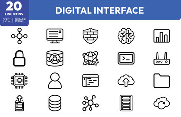 Fototapeta premium Digital infrastructure set. Network, security, cloud, analytics, database, and user interface elements. Editable stroke. Vector illustration.