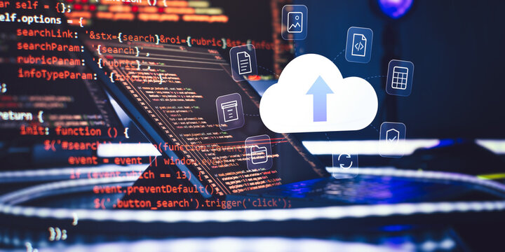 Cloud computing data storage concept with upload icon and programming code on computer screens