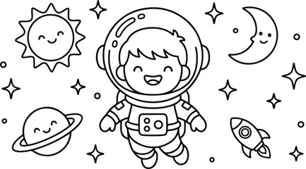 Cute astronaut in space with planets and stars for a fun kids educational colouring page activity sheet