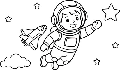 Cute little astronaut floating in space with a rocket ship and stars for a children colouring page activity