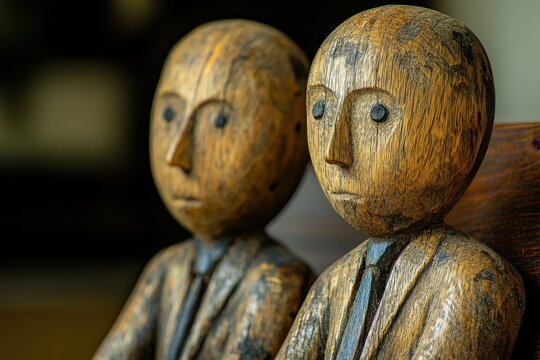 Wooden carved dolls representing two individuals engaged in communication, showcasing craftsmanship and artistic expression in a serene setting