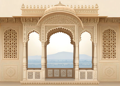 flat lay of Heritage palace jharokha window with elegant stone carvings and spacious negative space, modern vector design