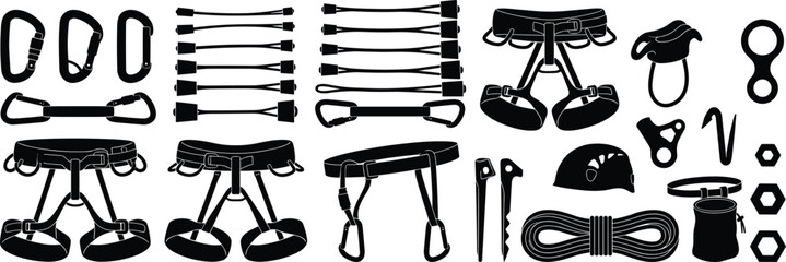 Mountaineering and Rock Climbing Gear Vector Silhouette Set with Harnesses Carabiners Helmet and Ropes © MdAsikul