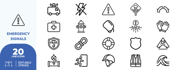Emergency set. Ambulance, aid, life buoy, rescue, police, disaster, medical, tornado, storm, lightning. Editable stroke. Vector illustration. © khopidd232