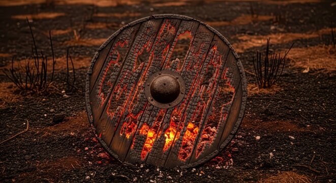 A burning ancient wooden viking shield lying on a scorched earth battlefield, symbolizing destruction and resilience