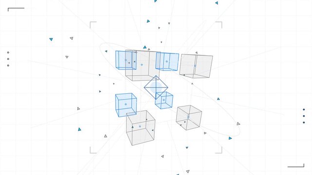Geometric wireframe cubes consolidating into one central structure