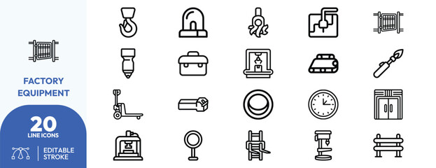 Ustrial machinery set. crane, lathe, conveyor, press, forklift, welding, clock, vise, toolbox, assembly, drill, pallet. Editable stroke. Vector illustration. © khopidd232