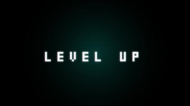 Level up pixel art text on dark grid.