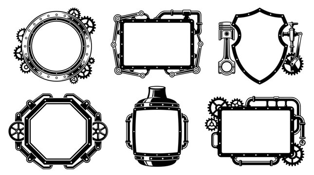 Set of decorative steampunk frames with gears and mechanical parts, industrial outline borders for vintage labels, invitation designs, retro border