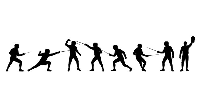 Fencing athletes in action, dynamic poses showing attack and defense, silhouette set on a white background, representing sport competition and