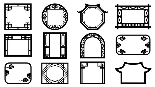 Set of east asia traditional window and door frames in black line art, ornamental architectural patterns, vintage historical border elements for