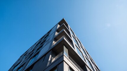 Obraz premium Low-Angle View of Modern Architecture Skyscraper Corner with Sharp Geometric Panels Against Blue Sky