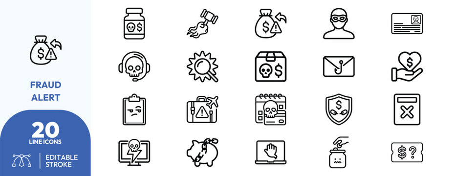 Fraud Alert set. Scam, theft, security, hacker, virus, shield, lock, warning, credit card, envelope, piggybank, and suspicious package. Editable stroke. Vector illustration.