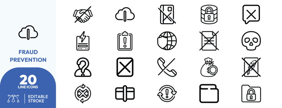Fraud Prevention set. Handshake, cloud, lock, shield, scissors, skull, blocked call, warning sign, credit card, virus, and more. Editable stroke. Vector illustration.