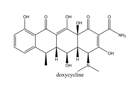 Chemical structure of doxycycline, a tetracycline antibiotic used to treat a wide range of bacterial infections. Isolated vector illustration on a white background.