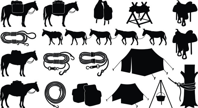Pack horse and mule outdoor equipment silhouette set vector illustration featuring saddles, tents, ropes, camping gear, and travel icons.