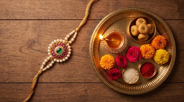 Raksha Bandhan Celebration: A Rakhi tied with pearls and jewels lies beside a brass plate containing a lit diya, roli, rice, sweets, and flowers.