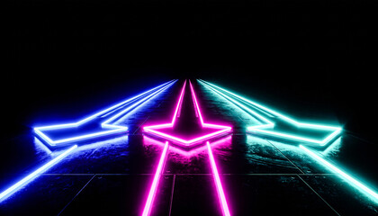Futuristic neon road with arrows in blue pink and turquoise on black background. © MD