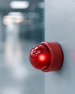 Bright red alarm button gleams on a gray panel. Focal point draws attention to urgent signal. Background blurs, emphasizing alertness. Modern industrial setting, clean lines, minimal design