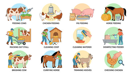 Fototapeta premium Farm animal care and hygiene illustrations