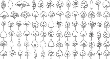 Obraz premium Comprehensive collection of various black and white outline tree species for architectural landscape design vectors