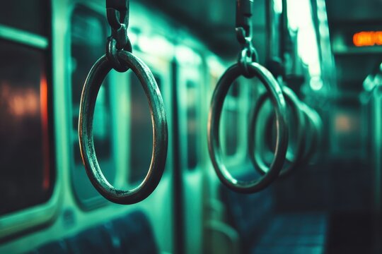 Hanging handles inside a quiet train bus during a late night commute, highlighting the urban transit experience and the quiet atmosphere of public transportation