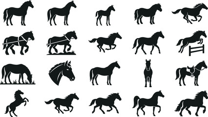 Fototapeta premium Horse Silhouette Icon Set with Running Jumping Rearing Grazing and Harness Poses for Equestrian Sports and Farm Graphic Designs