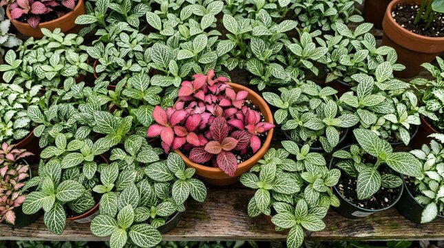 Small colorful plants in clay pots